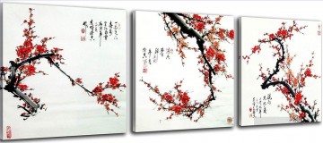  panels Oil Painting - plum blossom with Chinese calligraphy in set panels